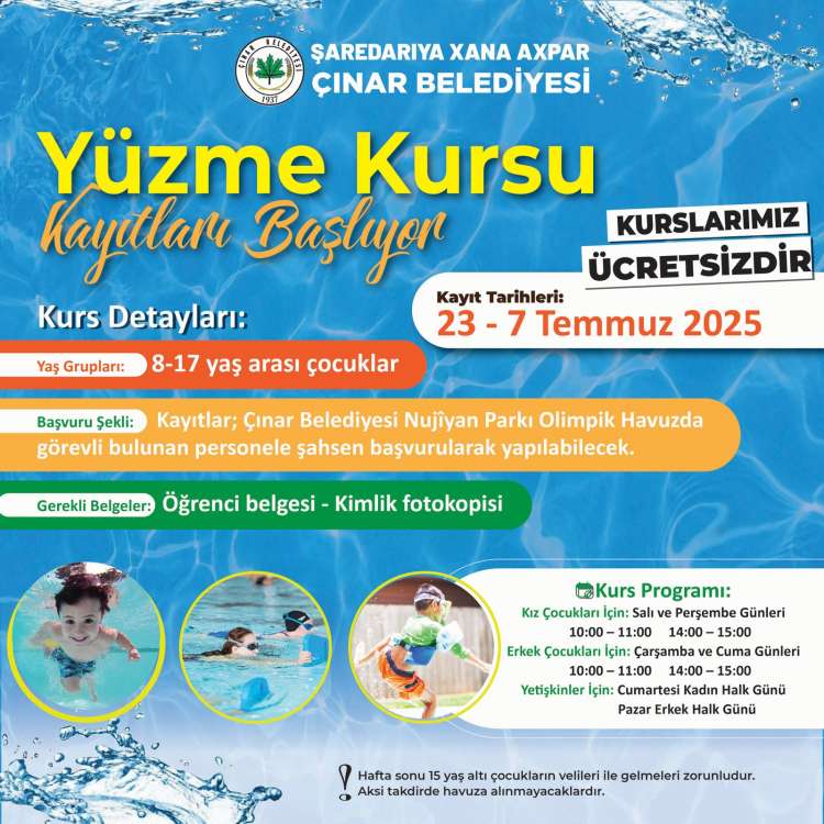 Çınar Belediyesi Yüzme Kursu Kayıtları Başlıyor